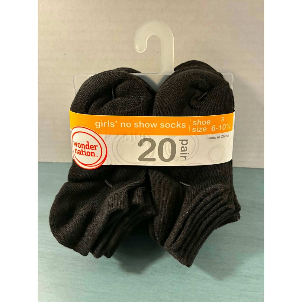 Wonder Nation Girls No Show Socks 20 Pair Pack Black Shoe Size 6-10.5 Small NEW